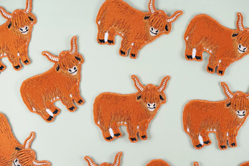 Field Trip Threads - Highland Cow Embroidered Iron On Patch Farm Farm Scottish