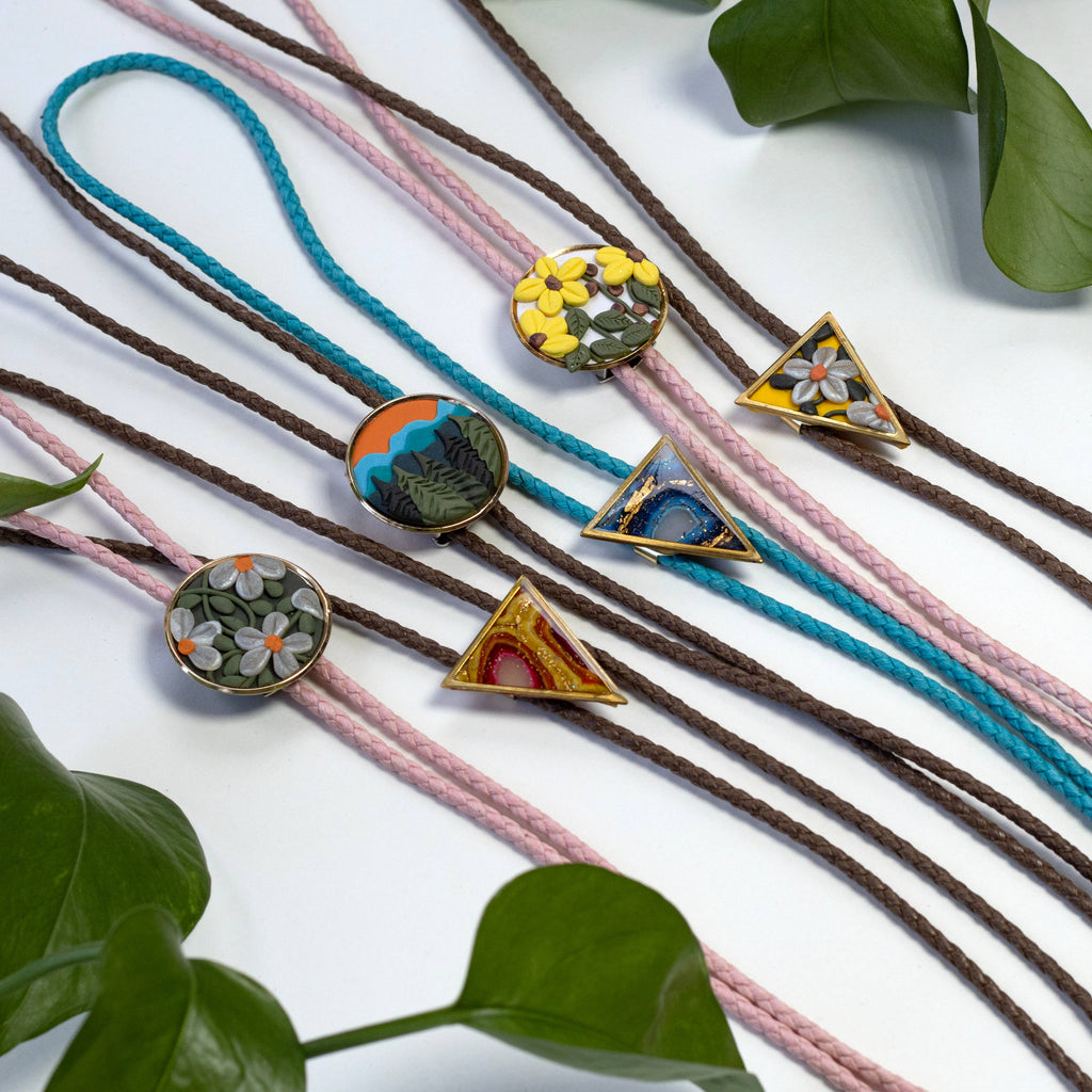 Ginger Sapp Jewelry - Yellow Floral Triangle Bolo Tie | Polymer Clay | Handmade