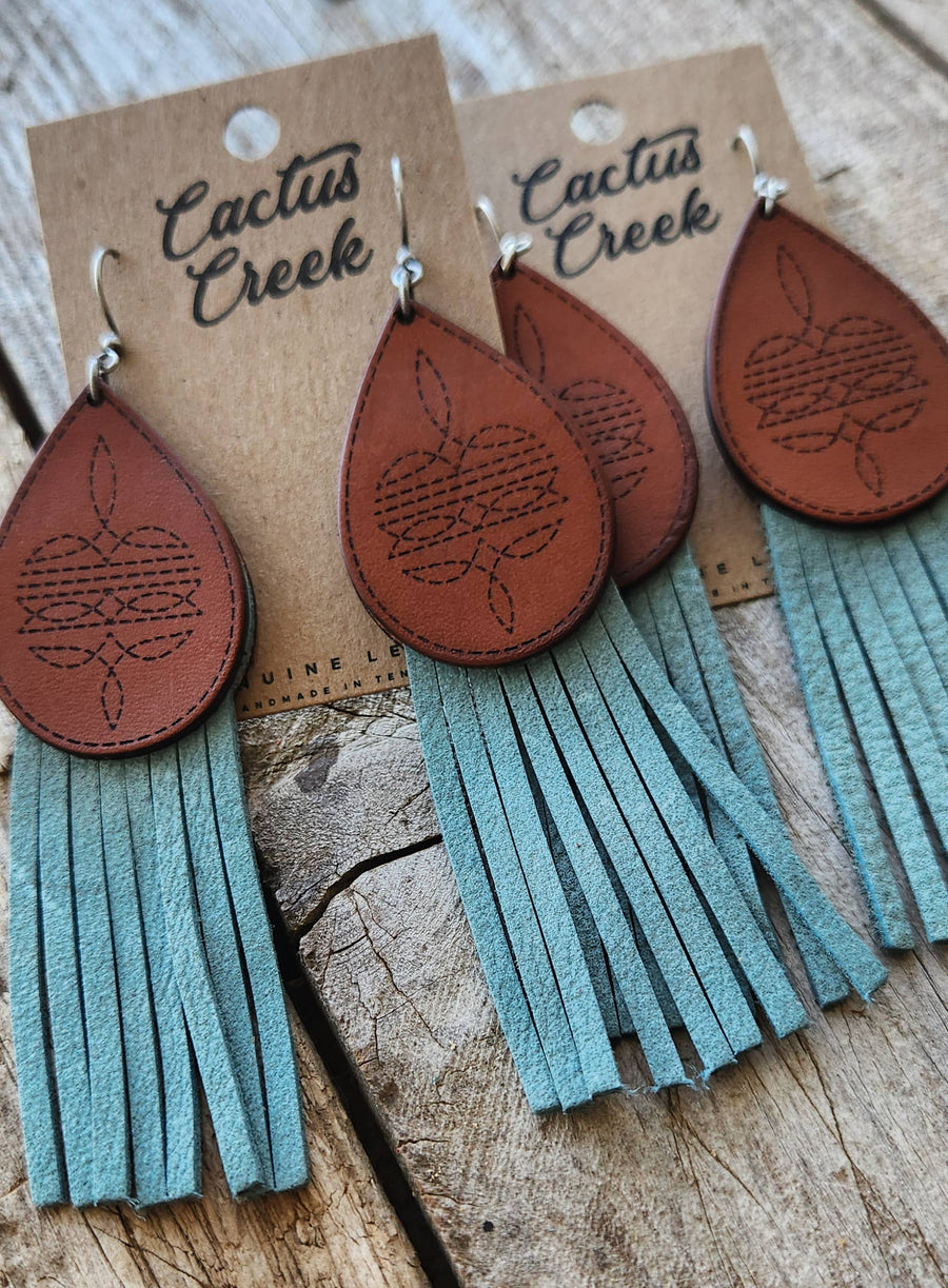 Cactus Creek  "Rainy" Handmade Bootstitch Leather and Fringe Earrings