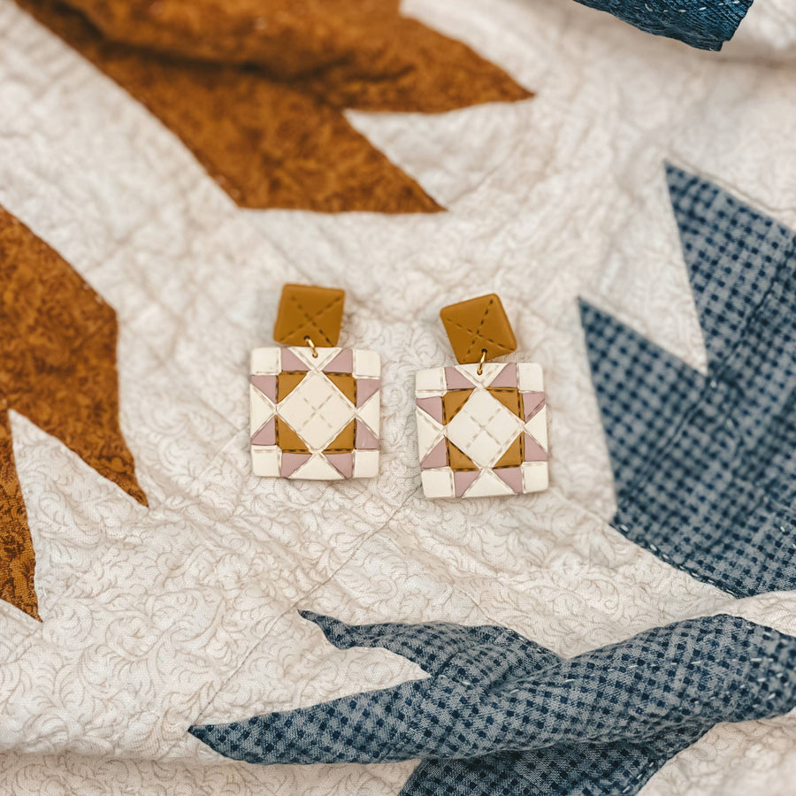 Sydni Carlson Art - Quilted Style Stud Dangle Earrings | Mustard + Pink