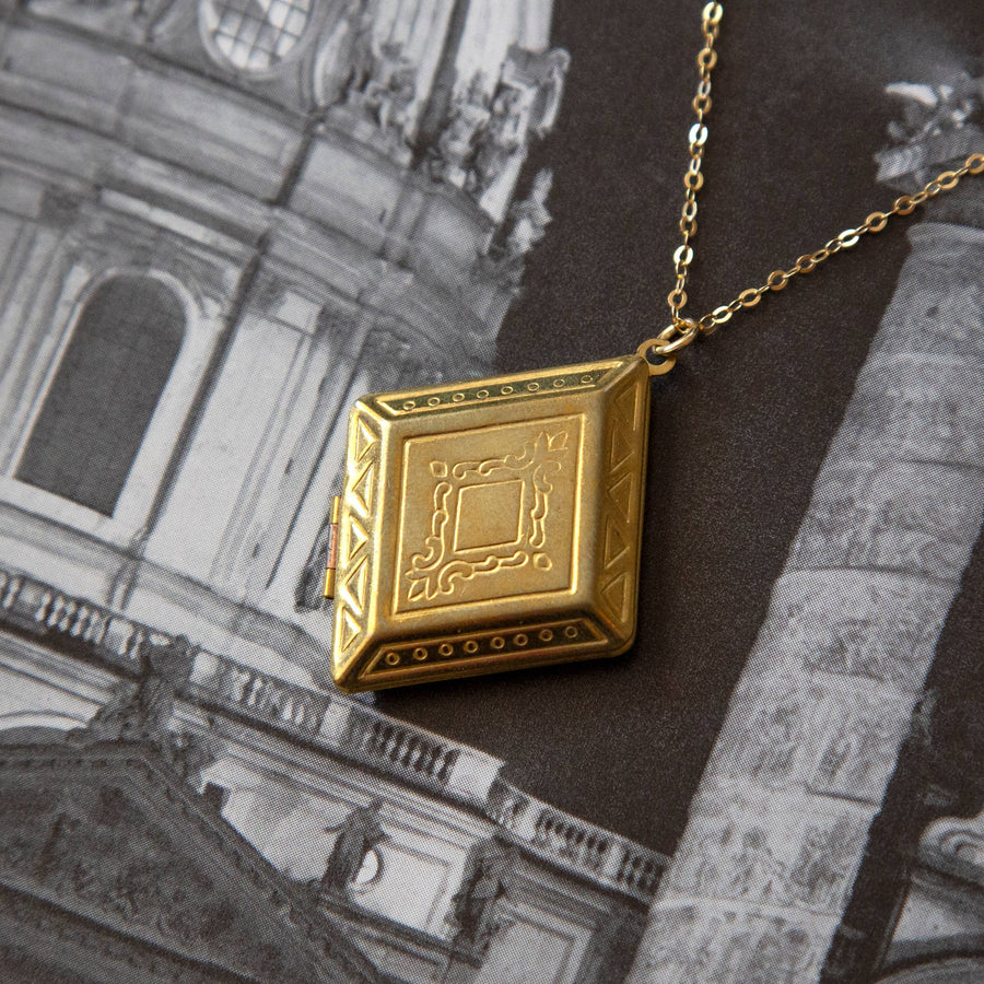 Kindred Objects - Vintage Large Brass Diamond Locket Necklace