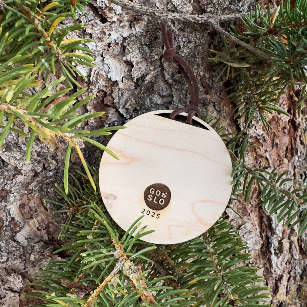 Wooden ornament with a gold tag attached to a tree branch
