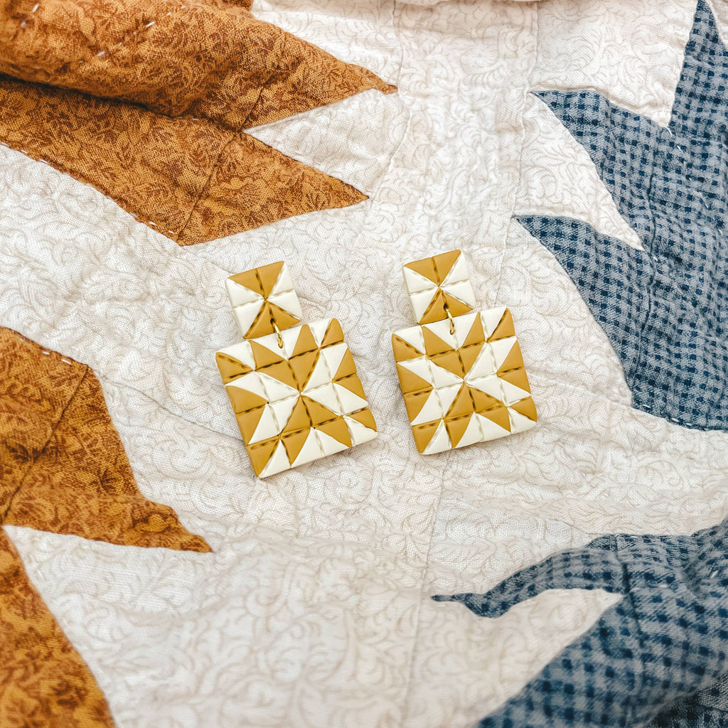 Sydni Carlson Art - Quilted Style Stud Dangle Earrings | White + Mustard