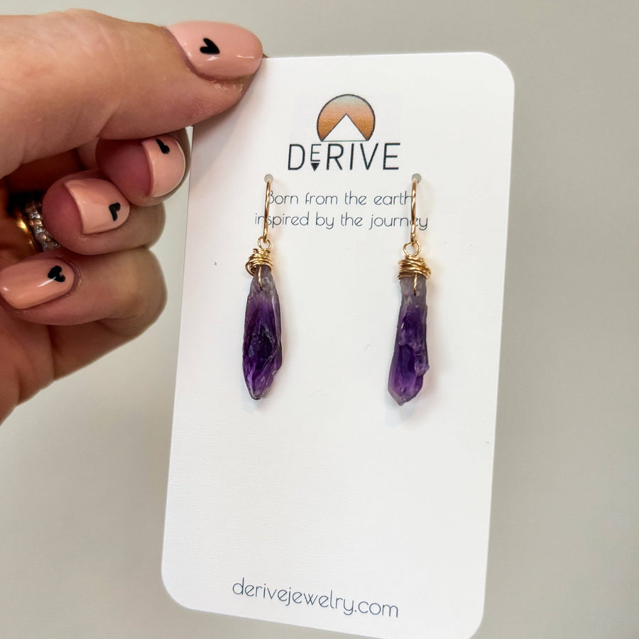 Derive Jewelry - Mini Amethyst Point Drop Earrings in 14k Gold Fill or Sterling Silver