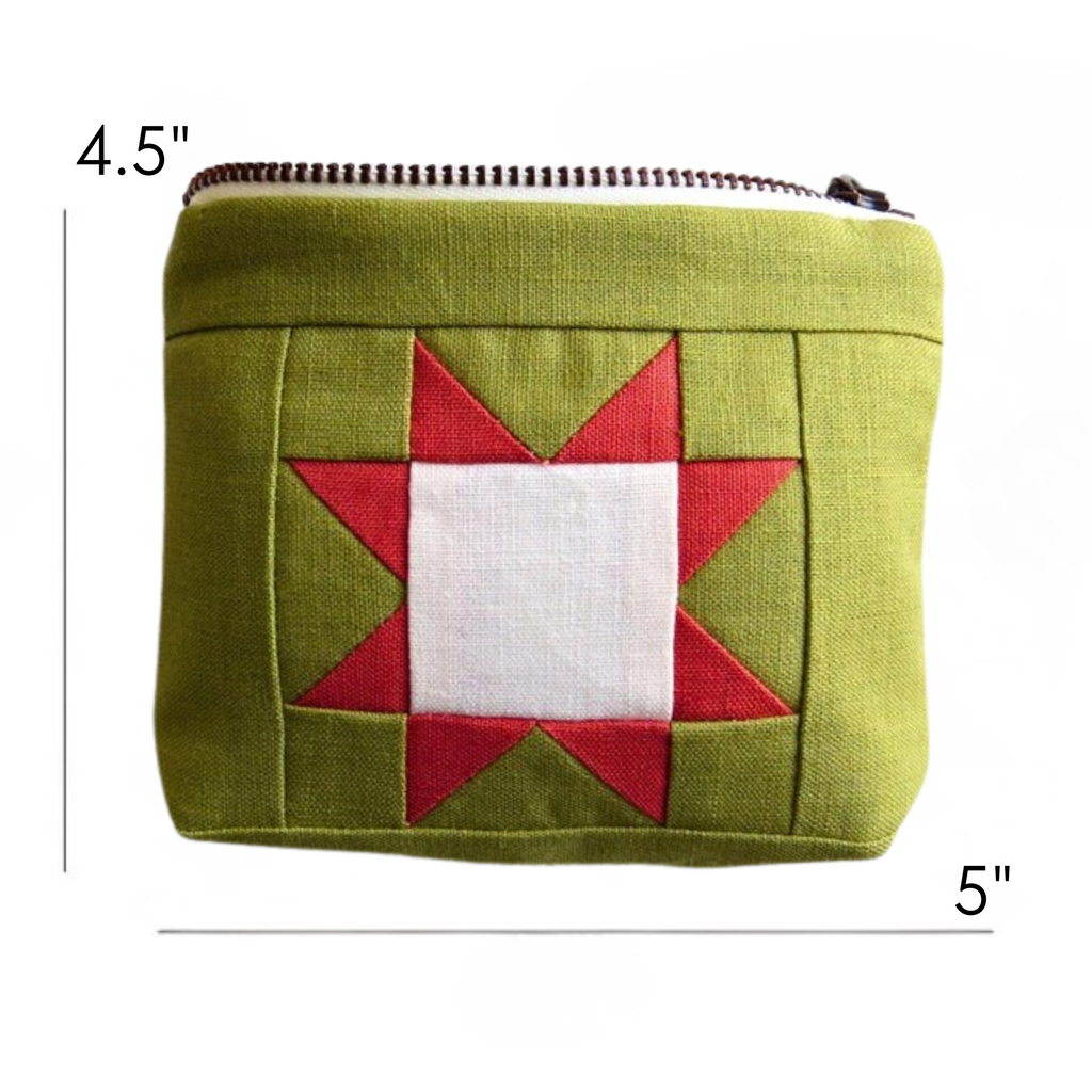 PaperFromHeaven - Sawtooth Quilted Linen Pouch –Avocado Green Star Zipper Bag