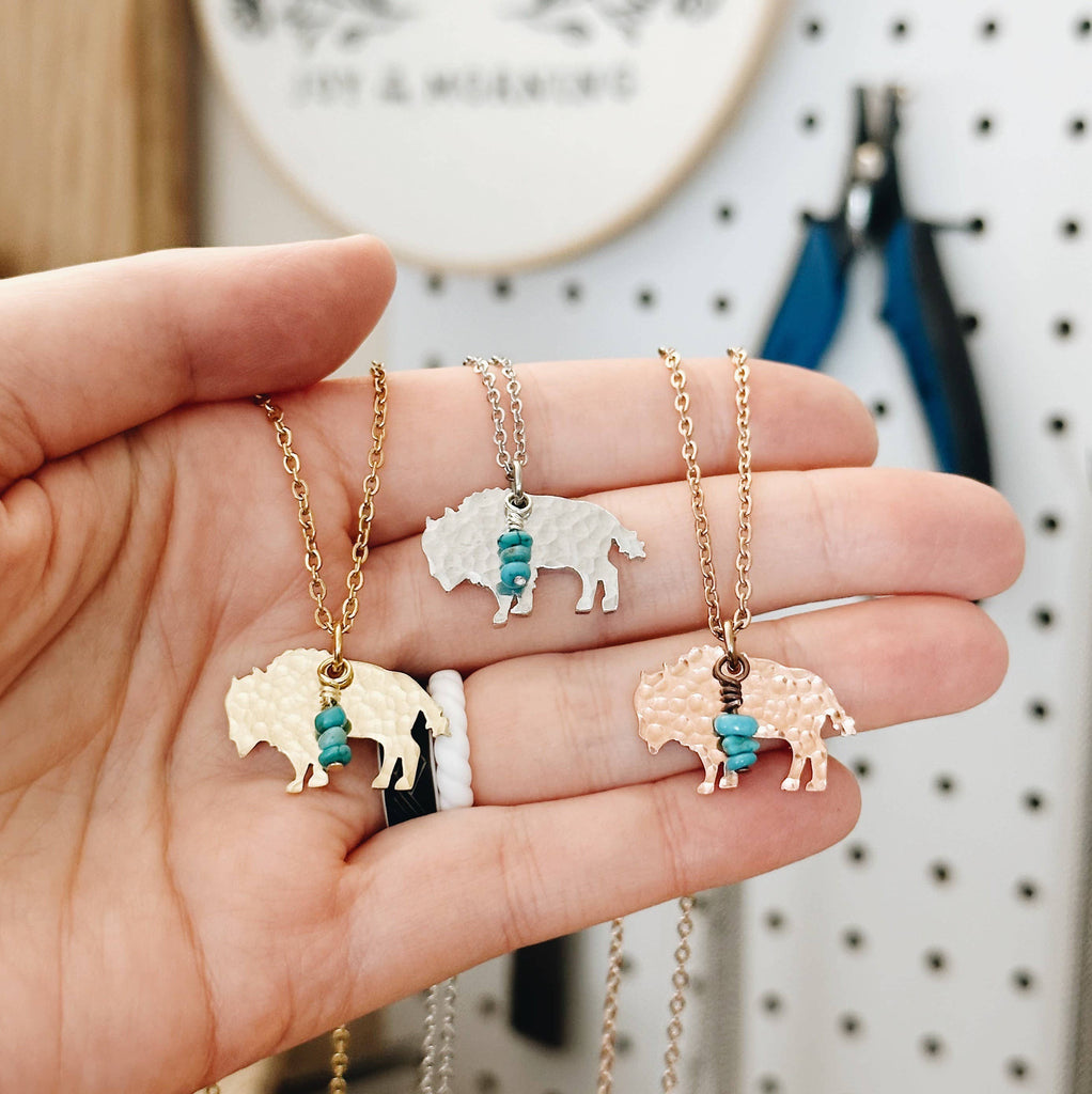 Mini Bison Necklace, Buffalo, Hand Stamped Necklace, Turquoi