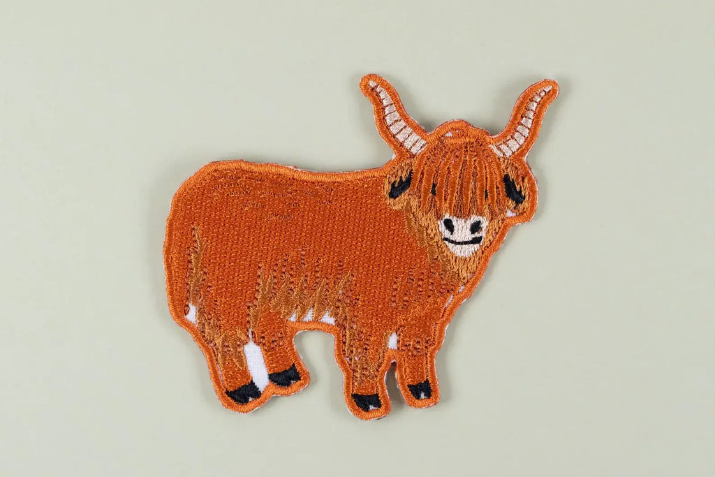 Field Trip Threads - Highland Cow Embroidered Iron On Patch Farm Farm Scottish