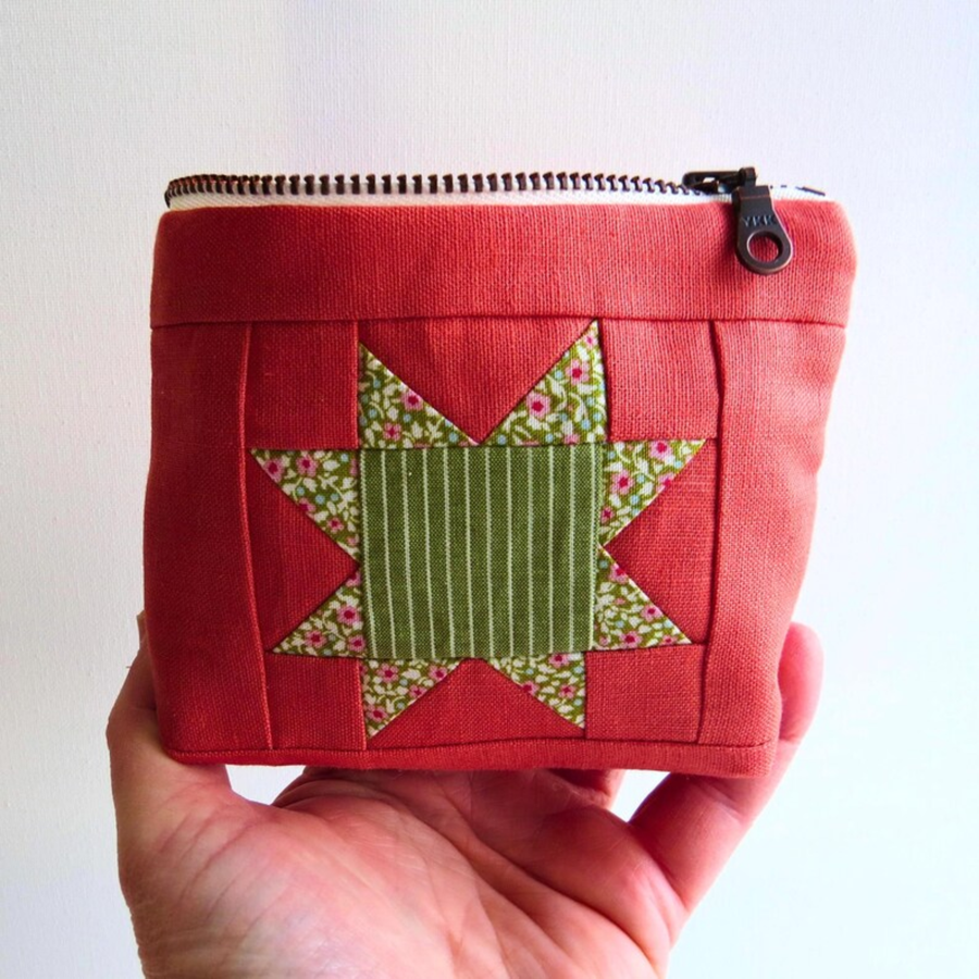 PaperFromHeaven - Handmade Quilted Linen Pouch – Flower Sawtooth Star Design