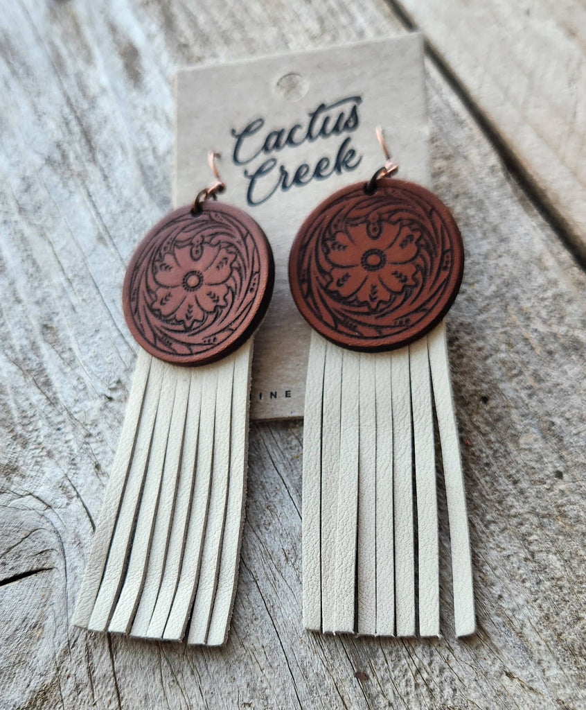 Cactus Creek  "Wyoming"  Handmade Tooled Leather and Fringe Earrings