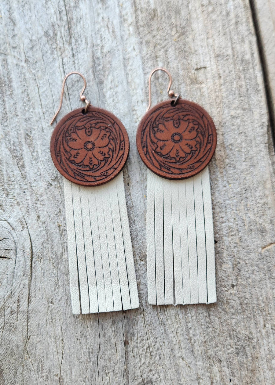 Cactus Creek  "Wyoming"  Handmade Tooled Leather and Fringe Earrings