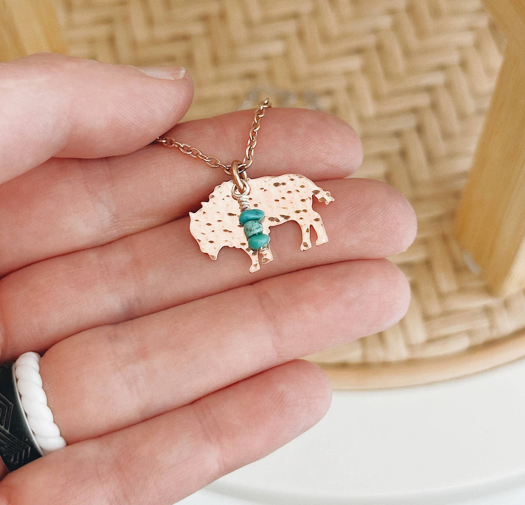Mini Bison Necklace, Buffalo, Hand Stamped Necklace, Turquoi