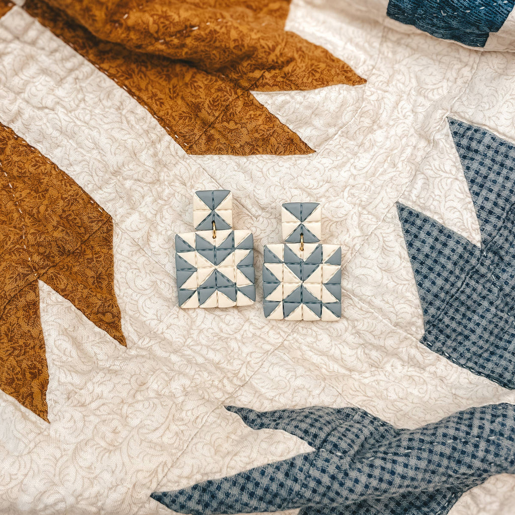 Sydni Carlson Art - Quilted Style Stud Dangle Earrings | White + Blue
