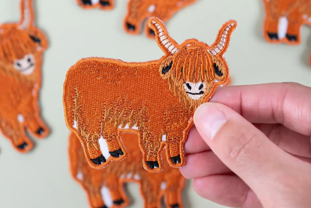 Field Trip Threads - Highland Cow Embroidered Iron On Patch Farm Farm Scottish