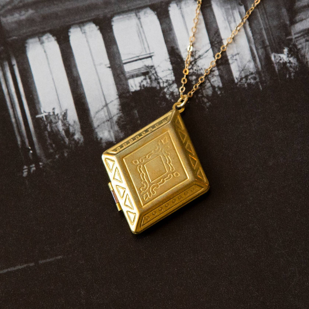 Kindred Objects - Vintage Large Brass Diamond Locket Necklace