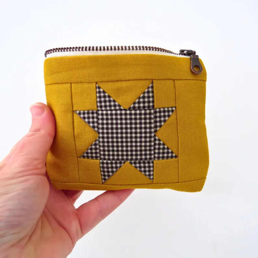 PaperFromHeaven - Handmade Quilted Gingham Pouch –Sawtooth Star Design YELLOW