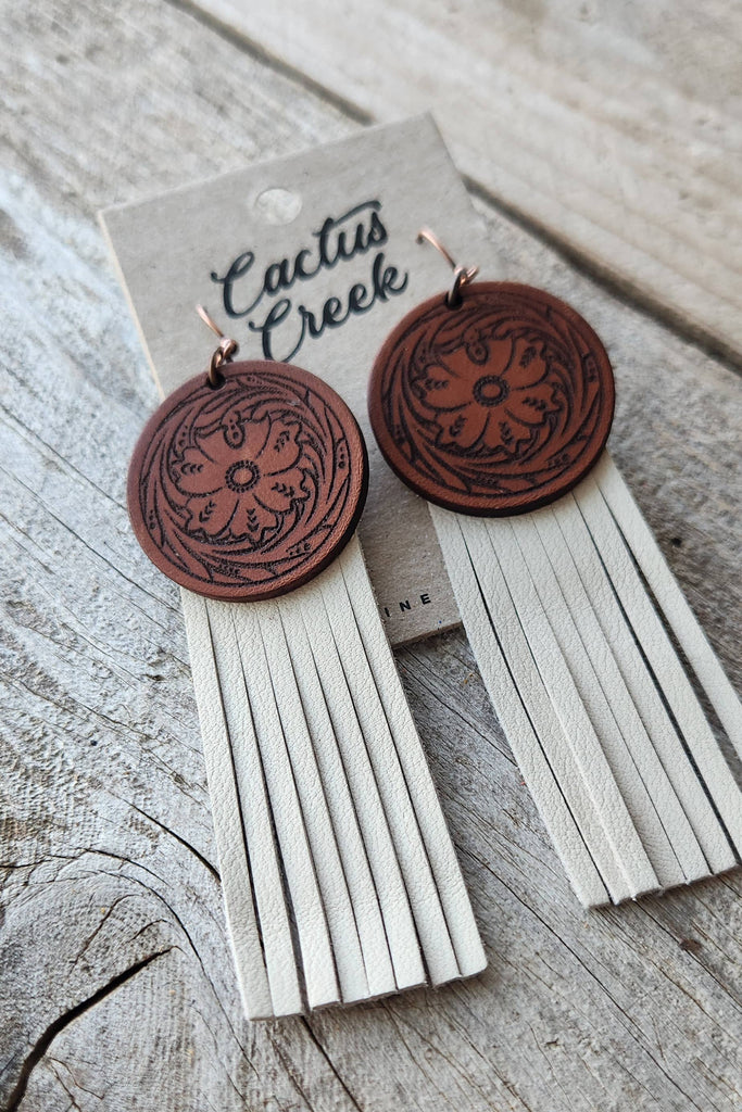 Cactus Creek  "Wyoming"  Handmade Tooled Leather and Fringe Earrings