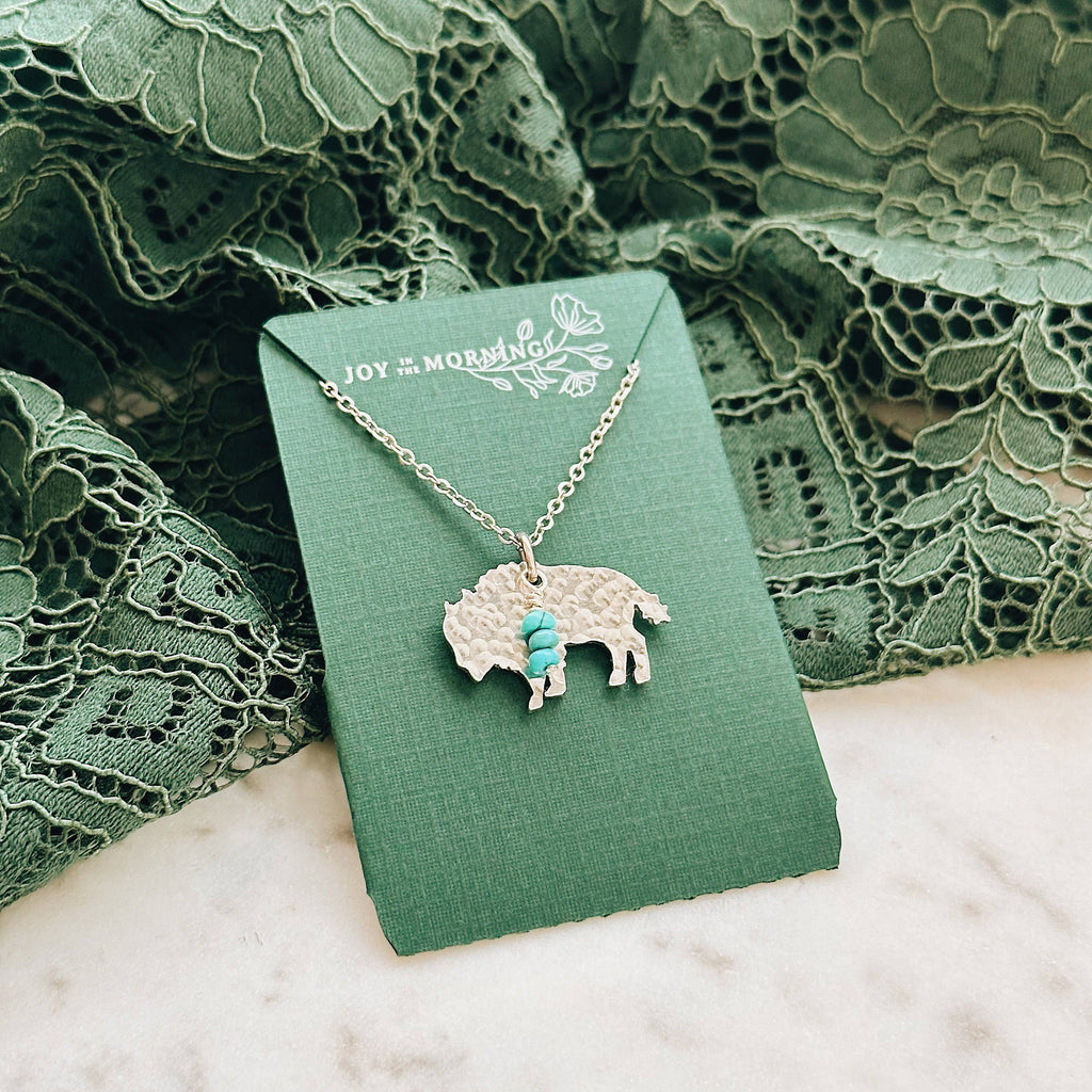 Mini Bison Necklace, Buffalo, Hand Stamped Necklace, Turquoi