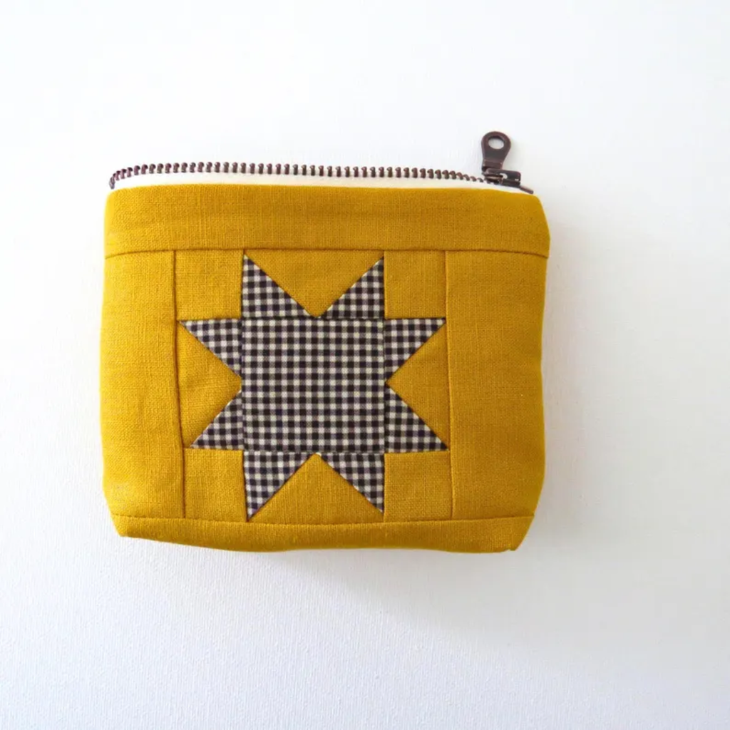 PaperFromHeaven - Handmade Quilted Gingham Pouch –Sawtooth Star Design YELLOW