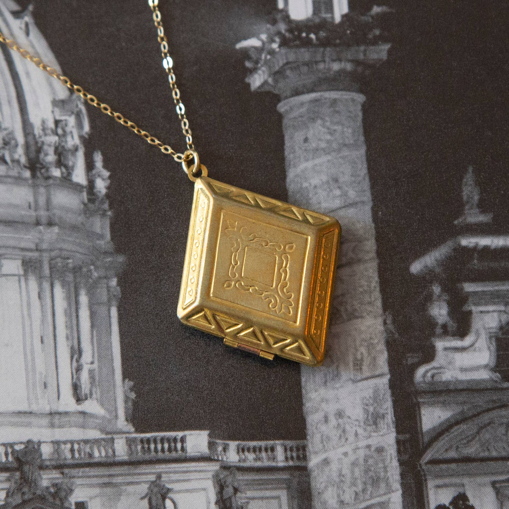 Kindred Objects - Vintage Large Brass Diamond Locket Necklace
