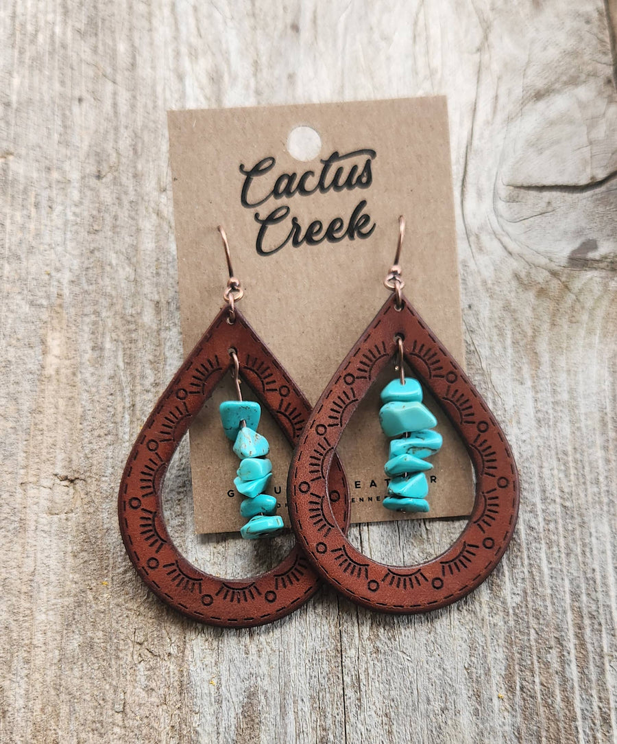 Cactus Creek "Cassidy"  Handmade Leather and Turquoise Chip Earrings