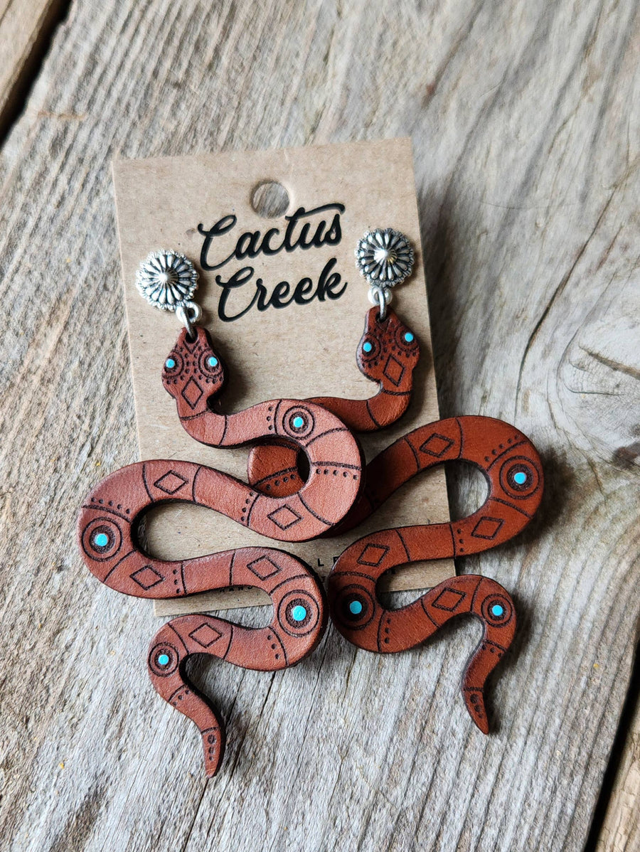 Cactus Creek  "Josie"  Handmade Tooled Leather Snake Earrings