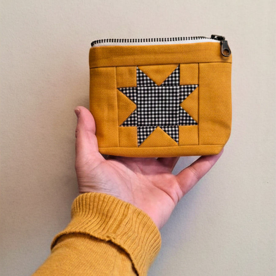 PaperFromHeaven - Handmade Quilted Gingham Pouch –Sawtooth Star Design YELLOW