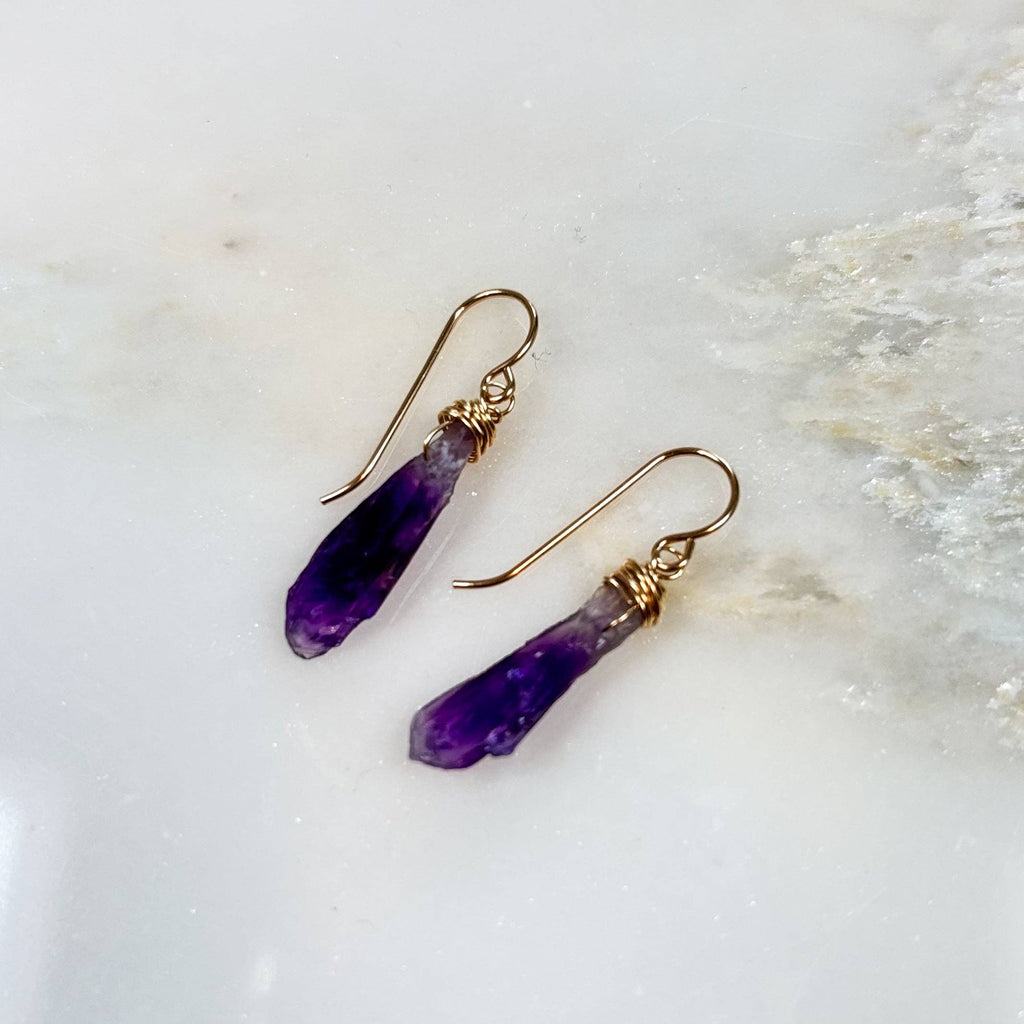 Derive Jewelry - Mini Amethyst Point Drop Earrings in 14k Gold Fill or Sterling Silver