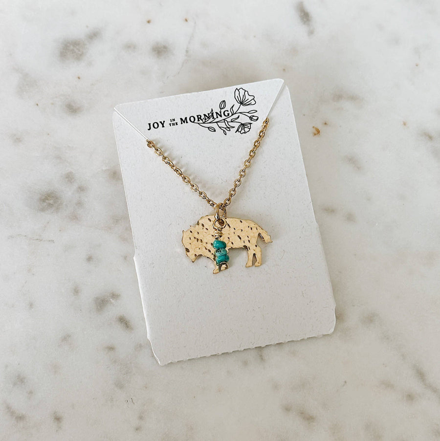 Mini Bison Necklace, Buffalo, Hand Stamped Necklace, Turquoi