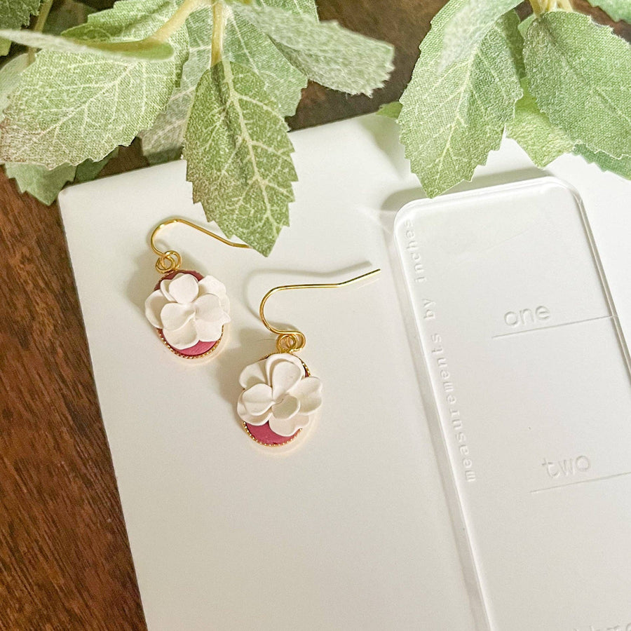 Retrochrome Creations - Dainty white floral earrings with red accents | gold plated or sterling silver