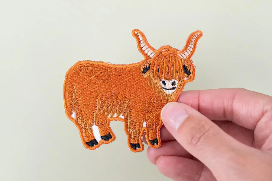 Field Trip Threads - Highland Cow Embroidered Iron On Patch Farm Farm Scottish