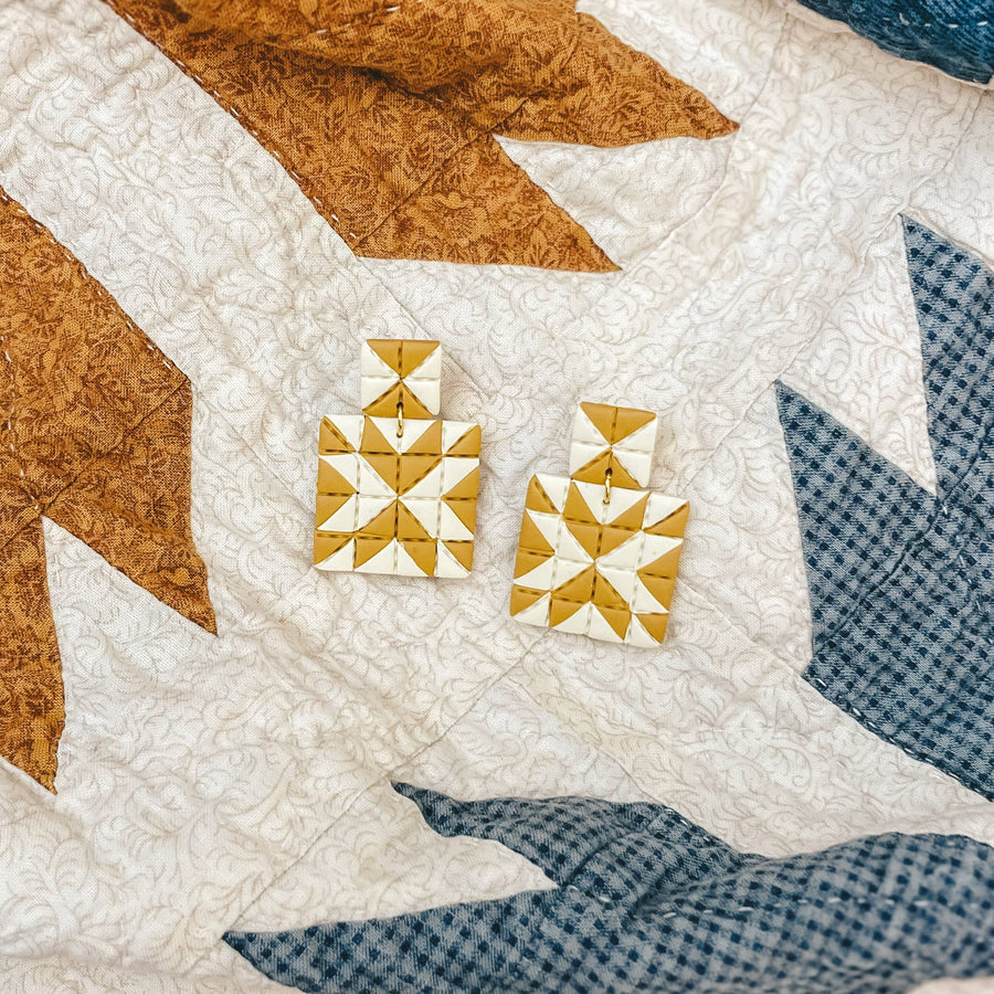 Sydni Carlson Art - Quilted Style Stud Dangle Earrings | White + Mustard