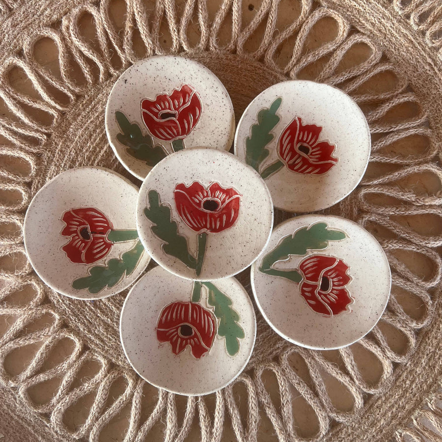 Tough Kitty Designs - Red Poppy Sgraffito Tea Rest - 3" dish