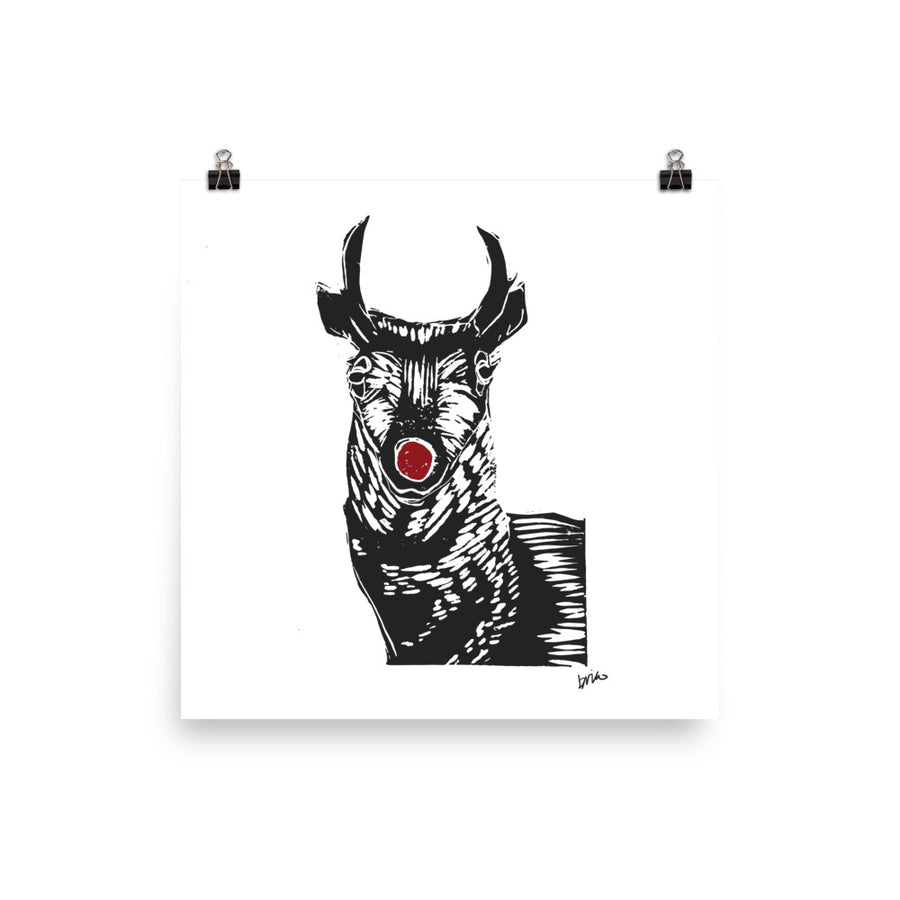 Carved Christmas // Rudolph the Red-Nosed Pronghorn Print